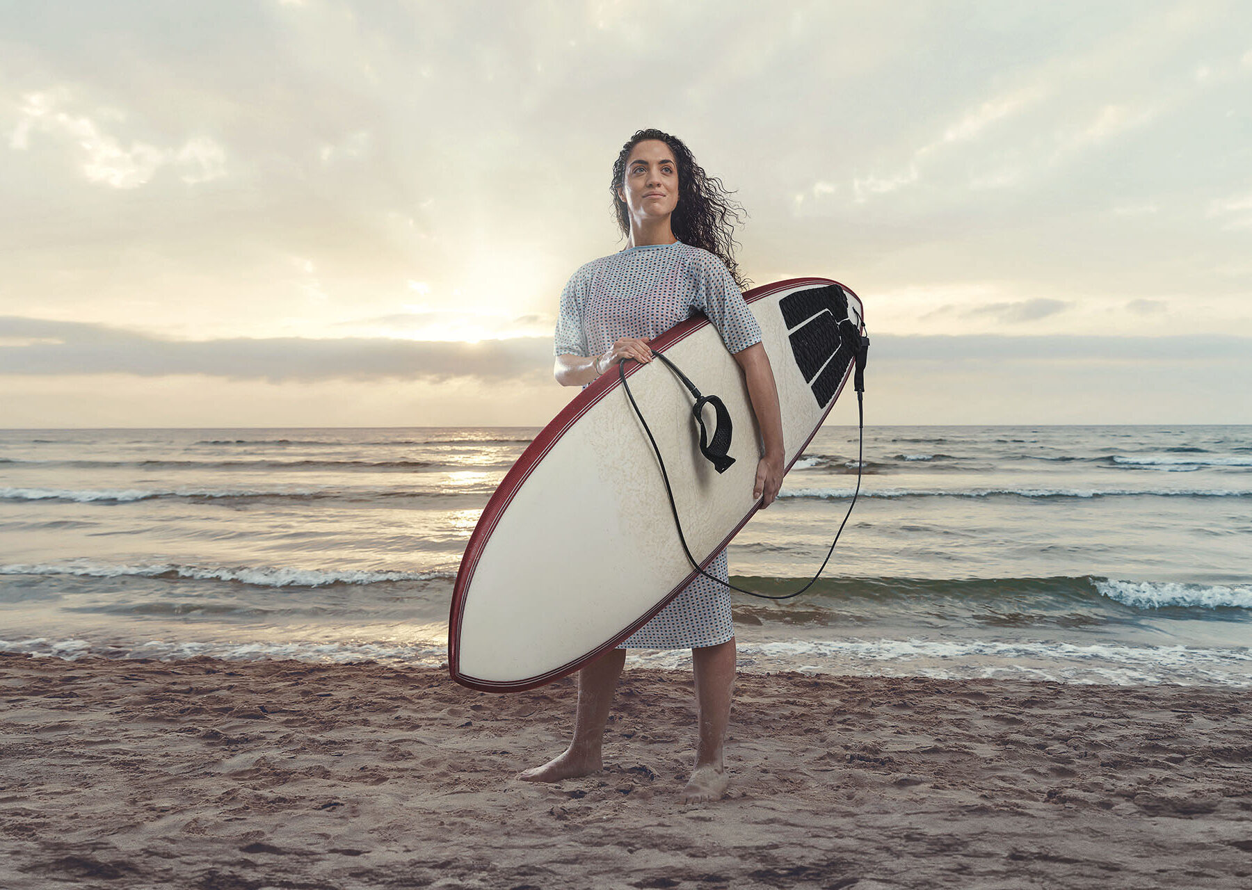 Alone,Surfer,Woman,On,Beach,With,Warm,Sunset,Tones.,Attractive